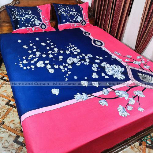 King Size Full Panel Cotton Bedsheet Set with Pillow Covers Chador Set (Deep Blue & Pink Art)