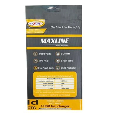 Maxline ML-604 4 USB Ports 2 Sockets Travel Multi Charger And Extension Socket With 6 Feet Cable