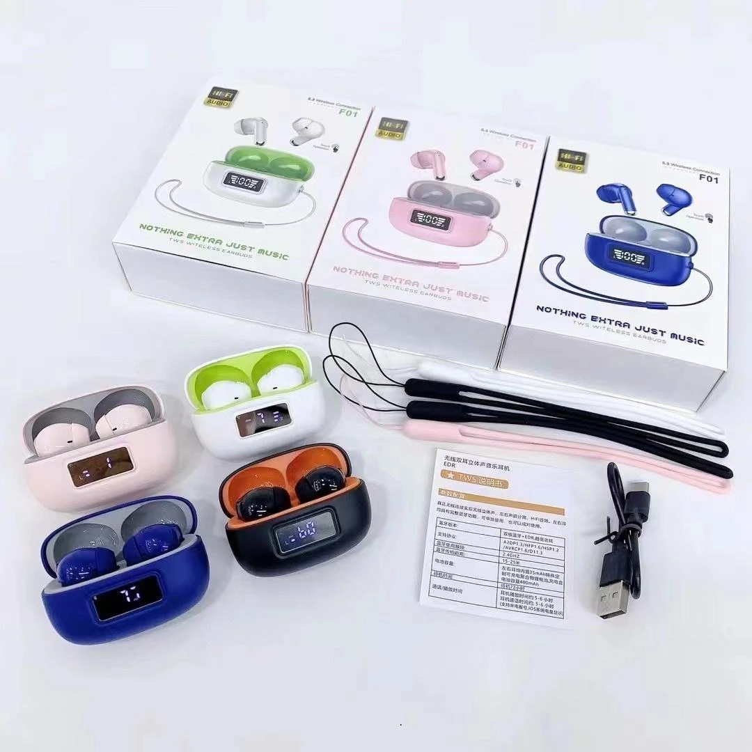 F01 Newest Tws True Wireless BT 5.3 Macaron Headphones Digital Hifi Stereo Low-latency Gaming Sports Headset With Lanyard f01