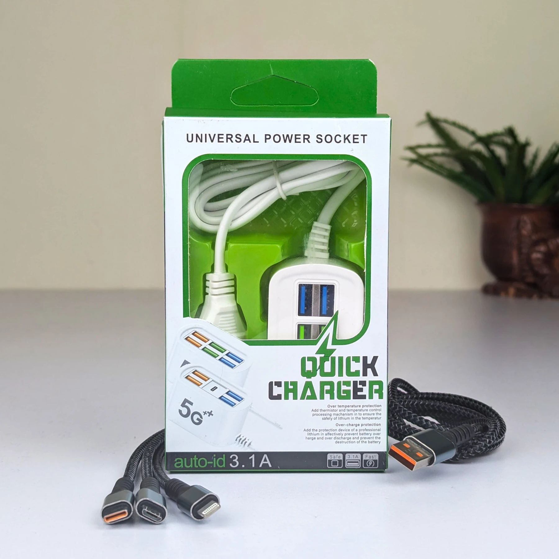 6-in-1 Charging Solution: 6U Multi-Port Charger with 3-in-1 Fast Cable