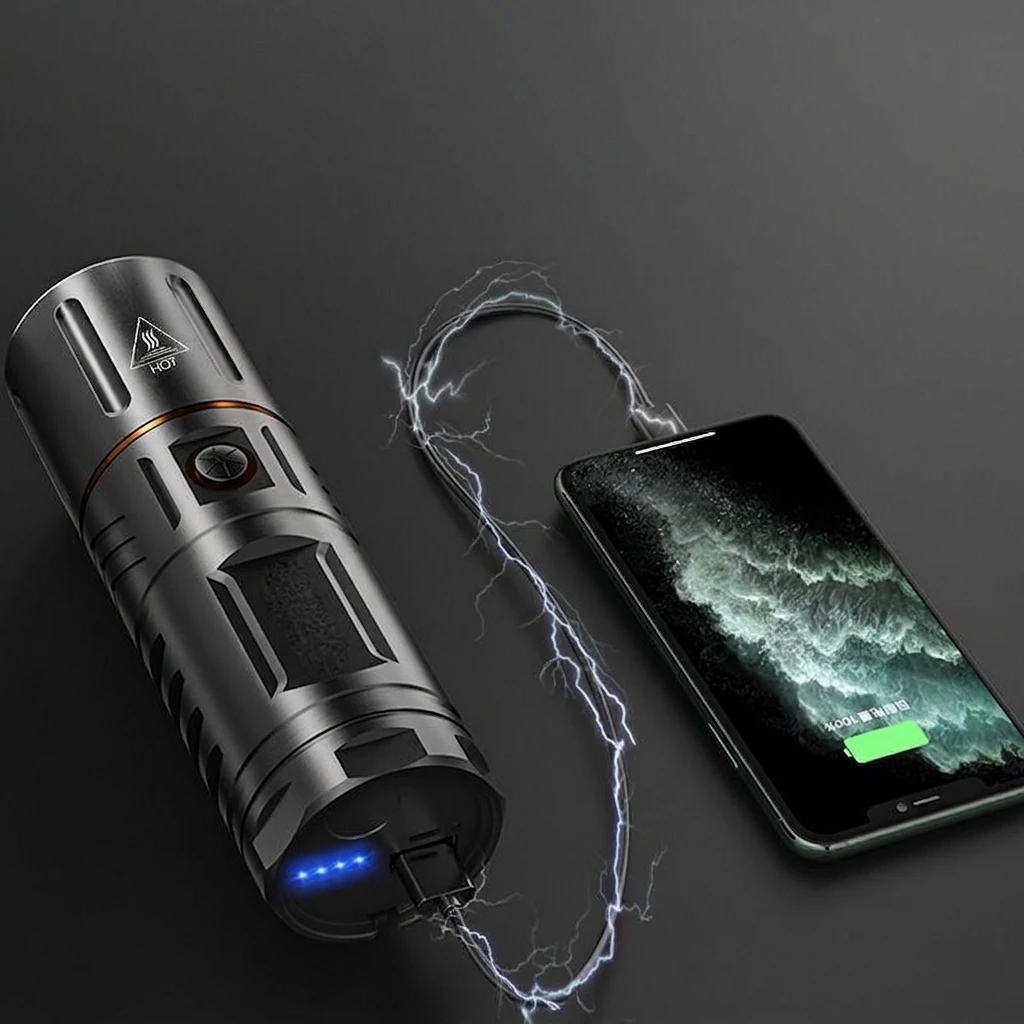 Rechargeable LED Flashlight with Telescopic Zoom & Power Bank Function