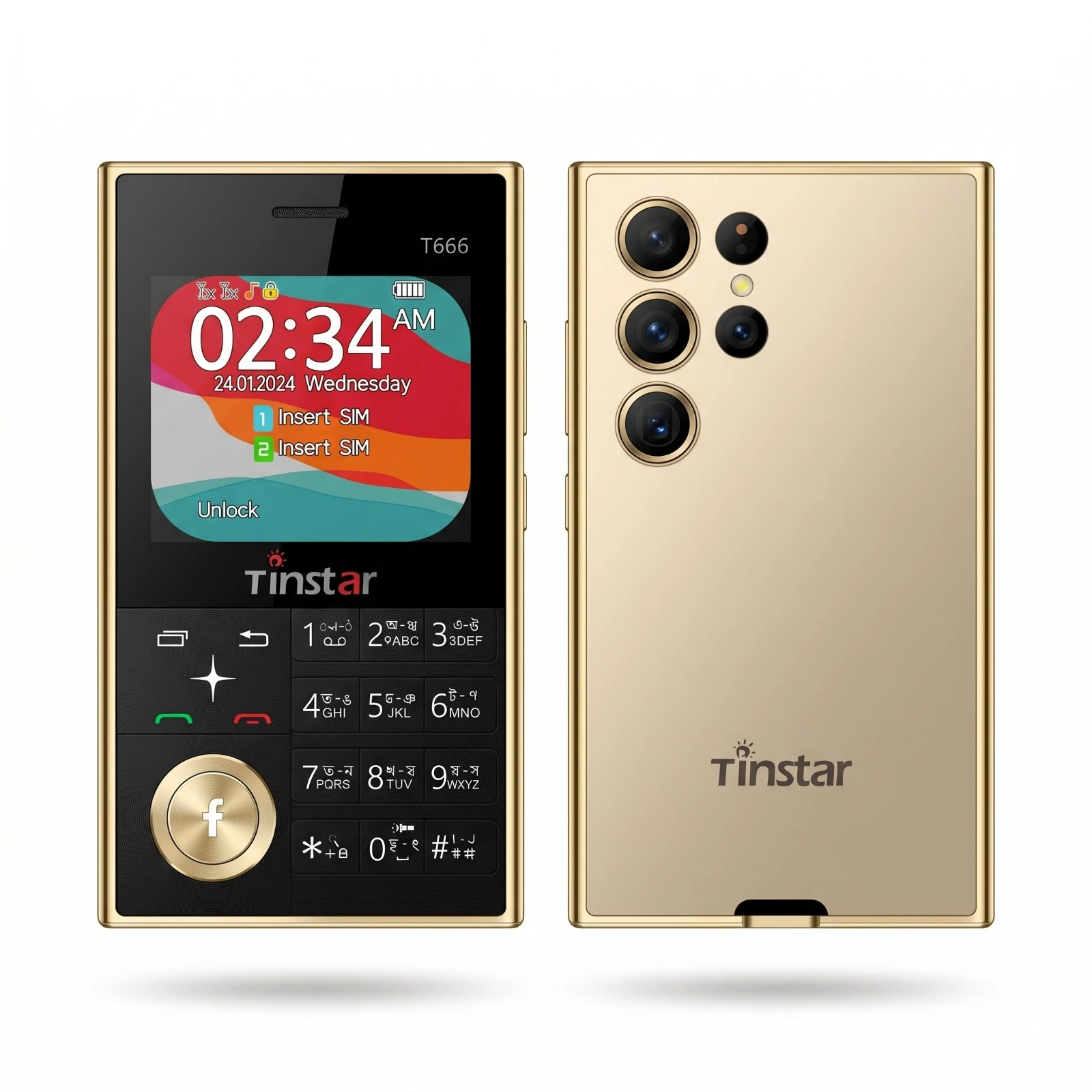 Tinstar T666 Dual sim supported Card phone Golden color