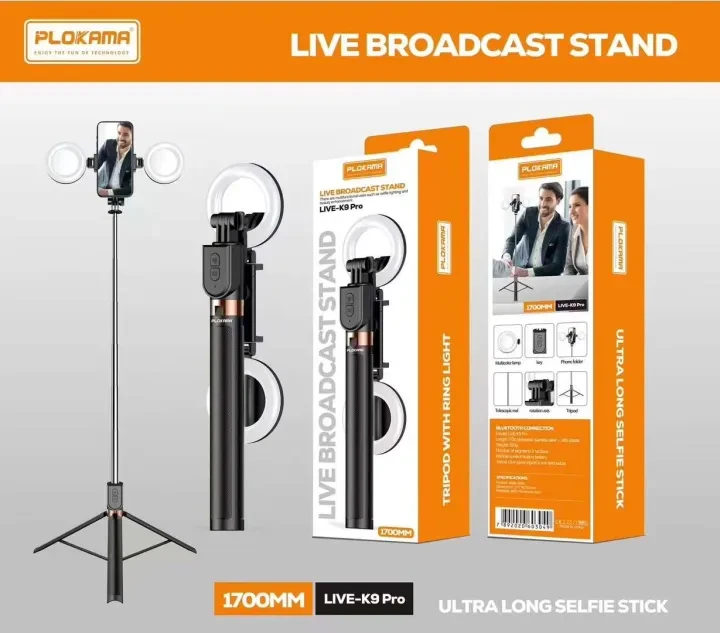 Plokama LIVE-K9 Pro 1700mm Ultra Long Selfie Stick with Tripod Stand & Ring Light – Adjustable, Portable for Mobile Vlogging & Live Streaming