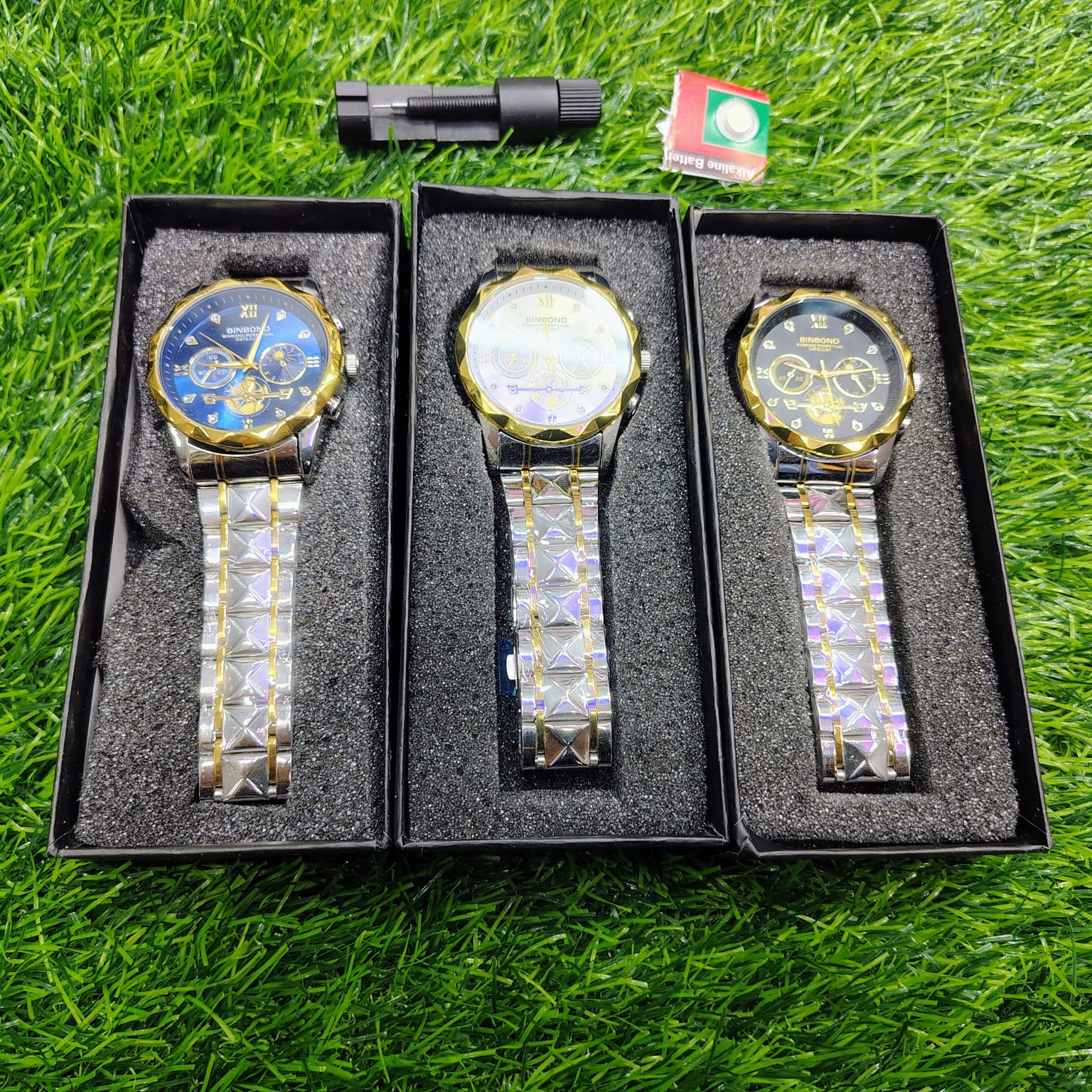 BINBOND Quartz Watches Men’s Luxury Stainless Steel + Free Chain cutter & battery .