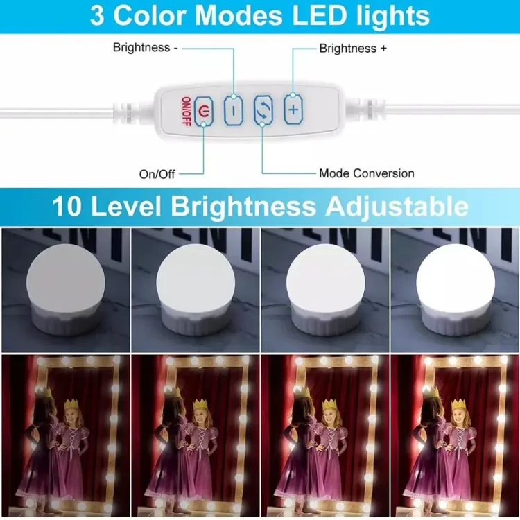 12v dressing table usb kit beauty mirror light 3 color 10 bulb dimming makeup lamp led hollywood fill cosmetic light