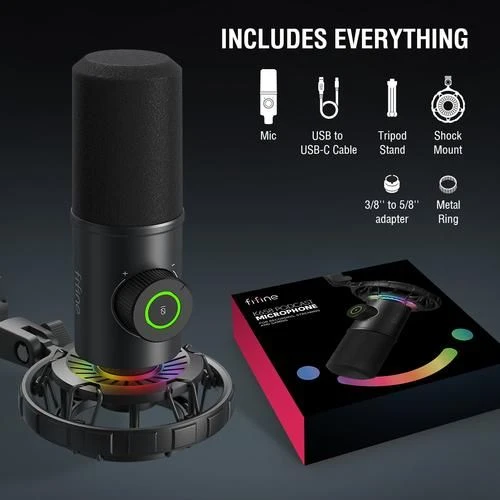 FIFINE K658 USB Dynamic Cardioid Podcast Microphone With A Live Monitoring, Gain Control, Mute Button
