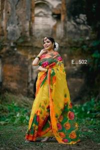 হাফসিল্ক শাড়ীতে হ্যান্ডপ্রিন্ট তুলির কাজ করা